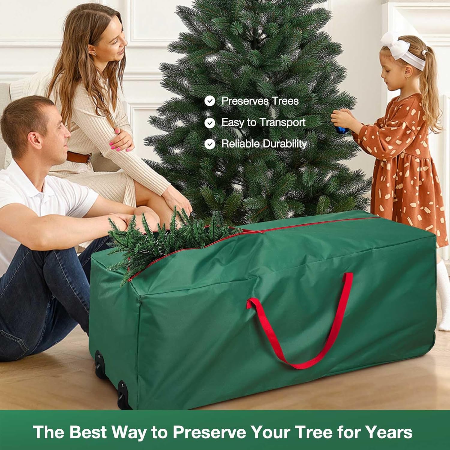 Rolling Christmas Tree Storage Bag - Storage for 9-Foot Christmas tree bag, Durable Handles and Wheels - Large Christmas Tree Box Heavy Duty Xmas Storage Container (Green, 9FT)
