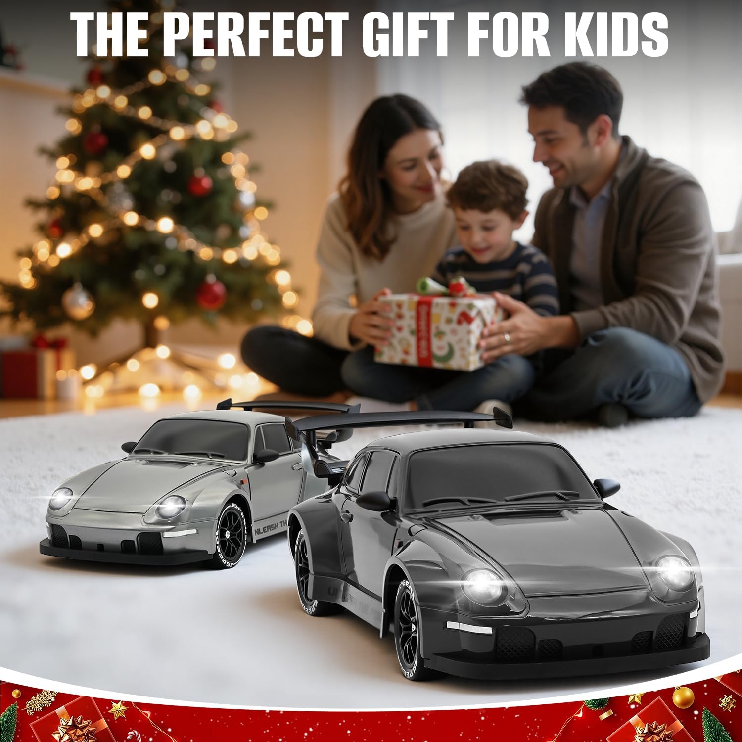 RC Drift Car,1:24 Scale Remote Control Car, 2.4GHz 20KM/H 4WD High Speed RC Cars for Kids with LED Light, Two Batteries,Drifting Tires,Racing Vehicle Toy for Adults Boys Girls Gray