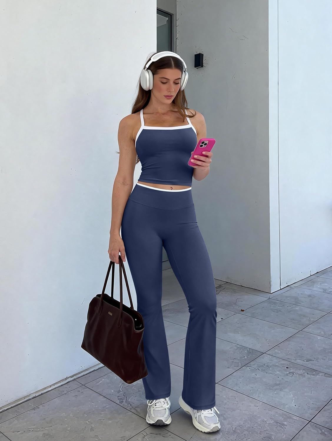 TDIFFUN Women Workout Sets 2 Piece Sleeveless Crop Tank Tops Flare High Waisted Leggings Contrast Trim Gym Yoga Outfits - Image 5