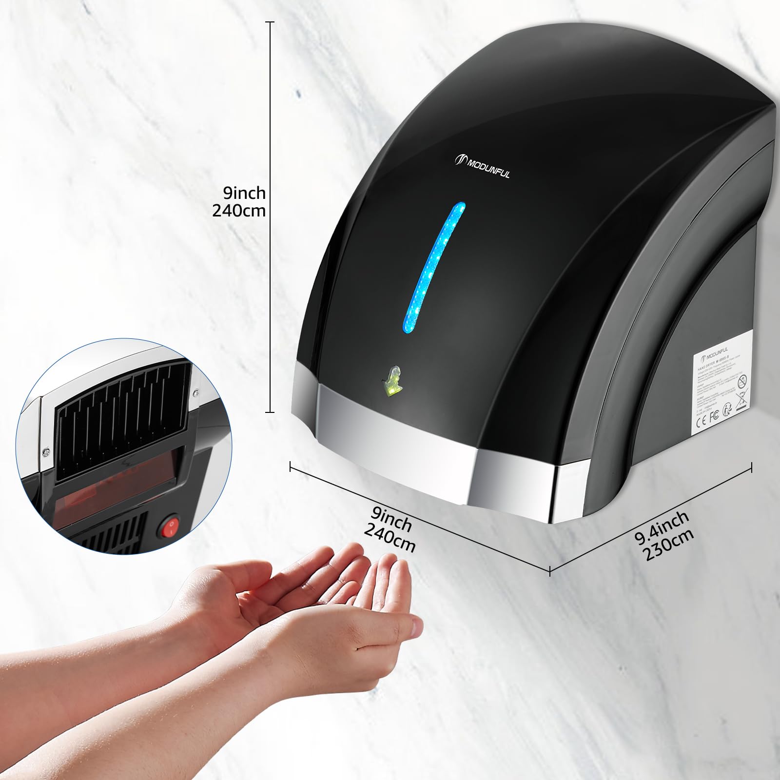modunful Asciugamani Automatico con Sensore a Infrarossi per Bagno Casa, Basso Rumore 2000W Asciugamani Elettrico a Parete, Coperchio Compatto in ABS, Nero