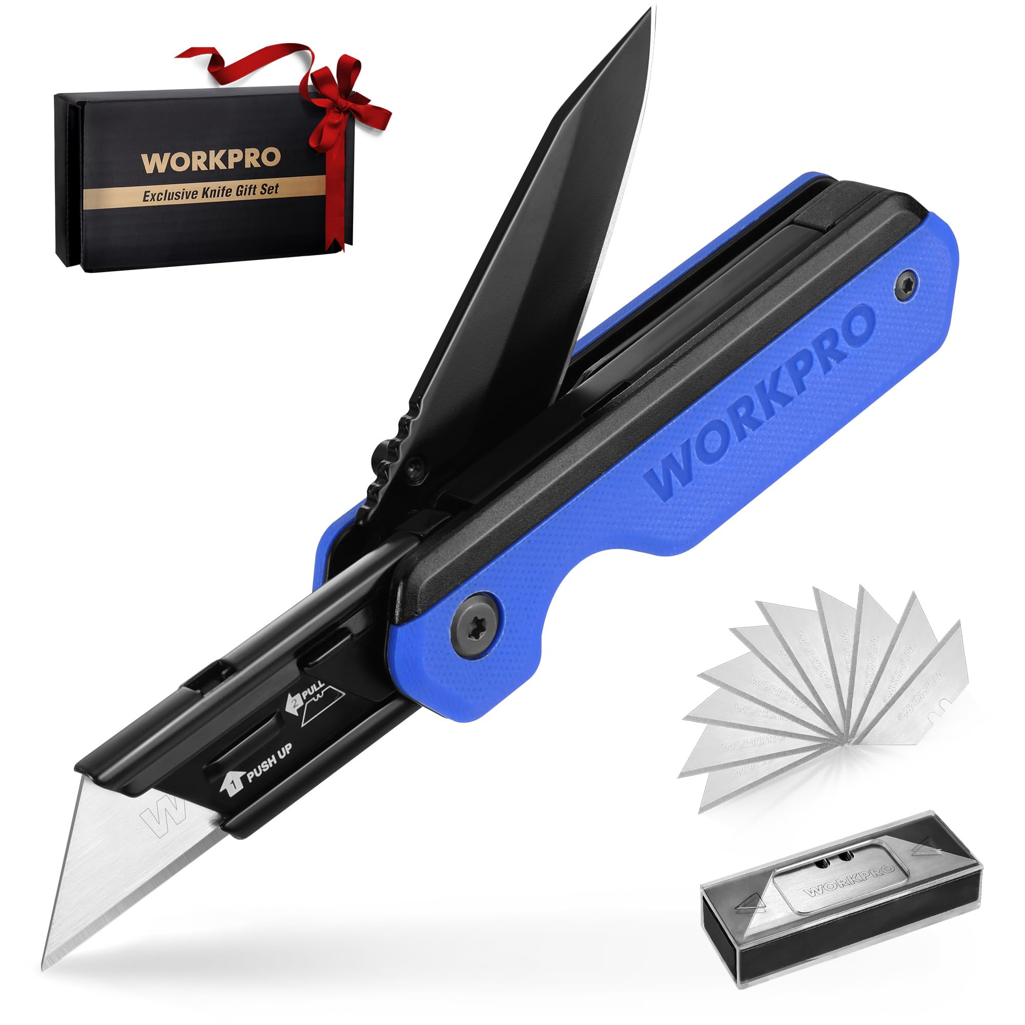WORKPRO 2-in-1 Folding Knife/Utility Knife, Quick-Change Box Cutter with Belt Clip, Liner Lock, and G10 Handle, Extra 10 SK5 Blades Included, Blue
