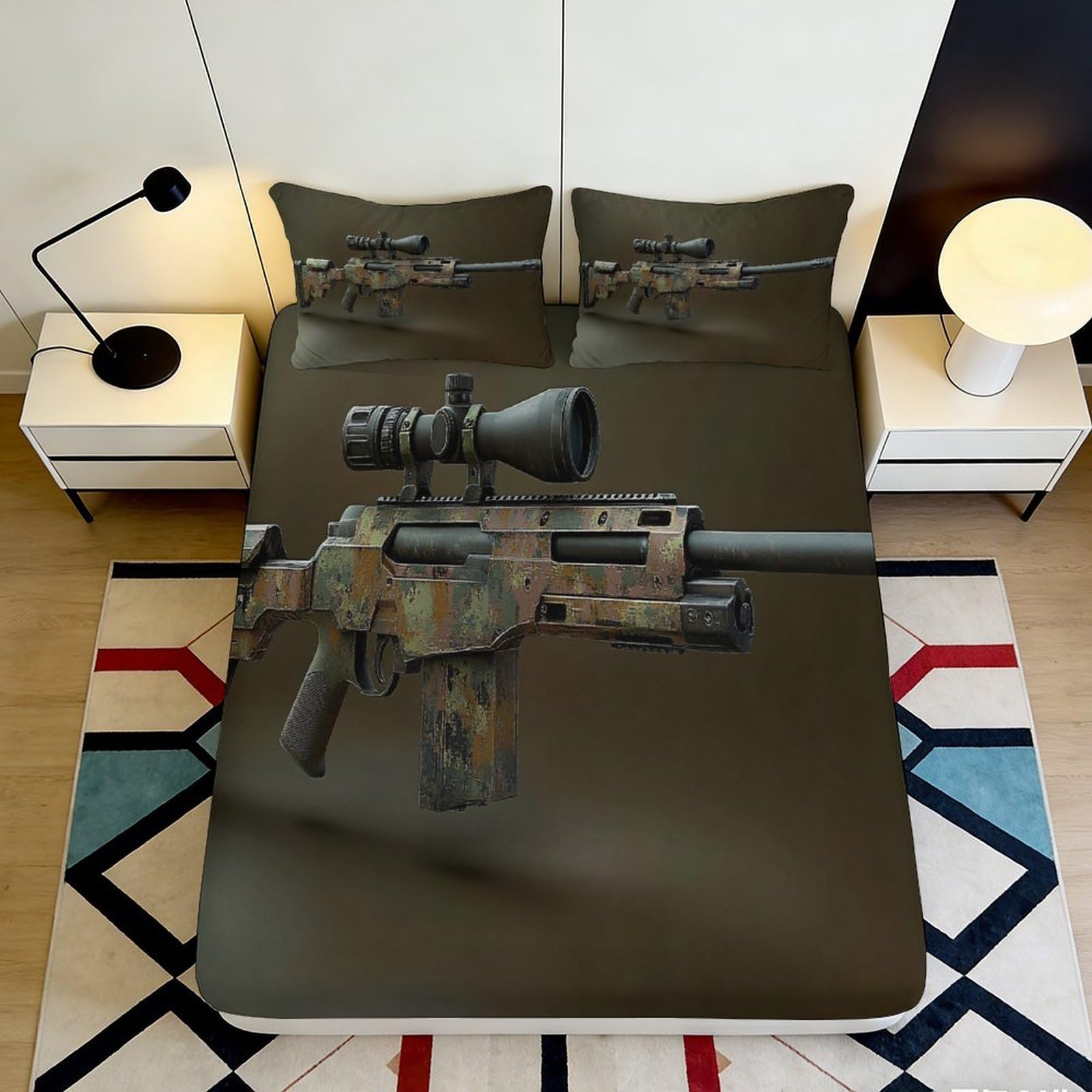 3D Printed Camouflage Rifle Fitted Sheet Microfiber Soft Durable Military Weapon Bed Cover for Bedroom Dorm Decor 90x200x25cm