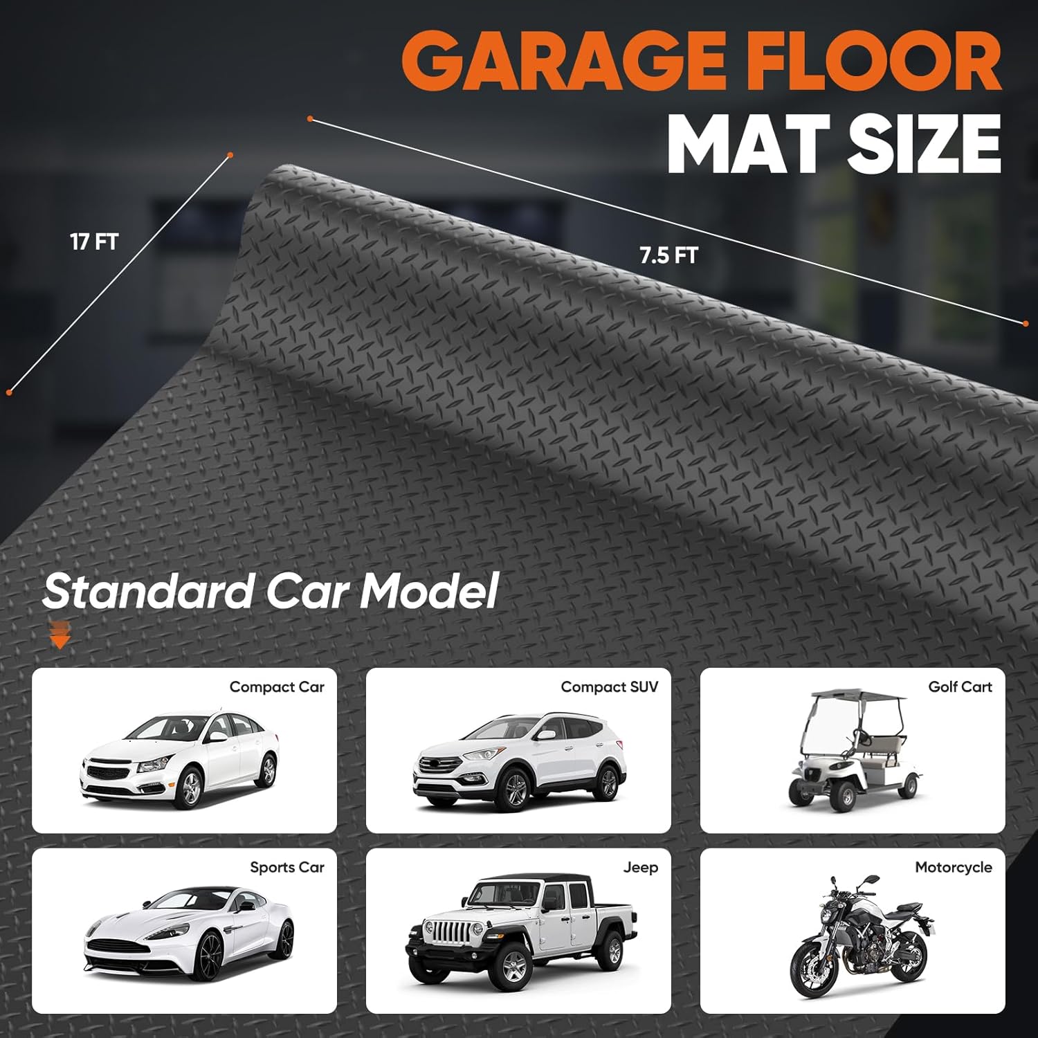 FAHKNS 7.5 X 17 FT Garage Floor Mat, Diamond Plate PVC Flooring Roll Thickened Garage Mats, Heavy Duty Parking Mat Waterproof Non-Slip Floor Protector For Car, Trailer, SUV, Basement, Gym, Shed, Black