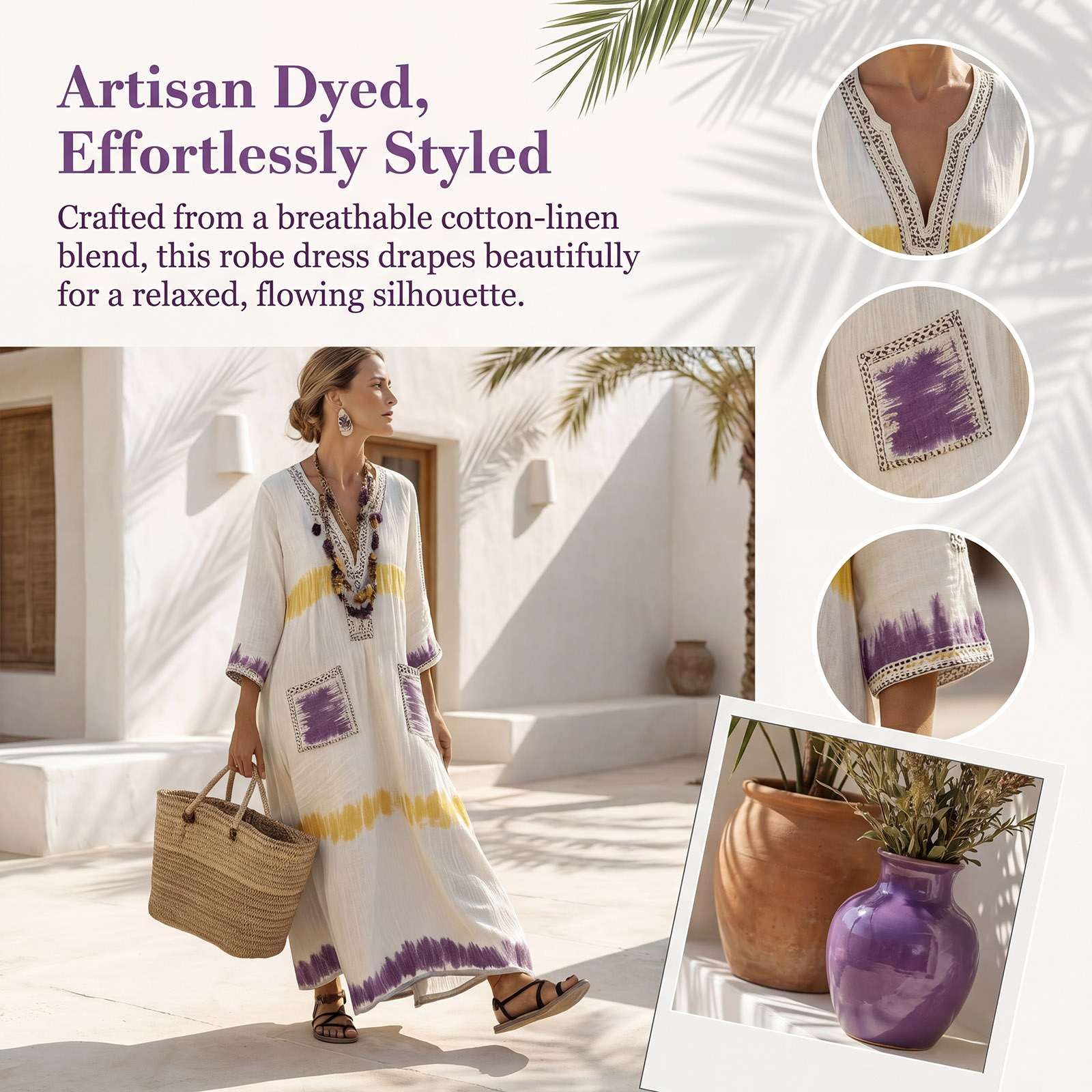 Abito Estivi Donna Lino Vestito - Abiti Lungo Elegante Boho Chic Kaftan Marocchino Copricostume Mare Spiaggia Curvy Taglie Forti Abbigliamento Leggero Eleganti Casual Dress con Tasche