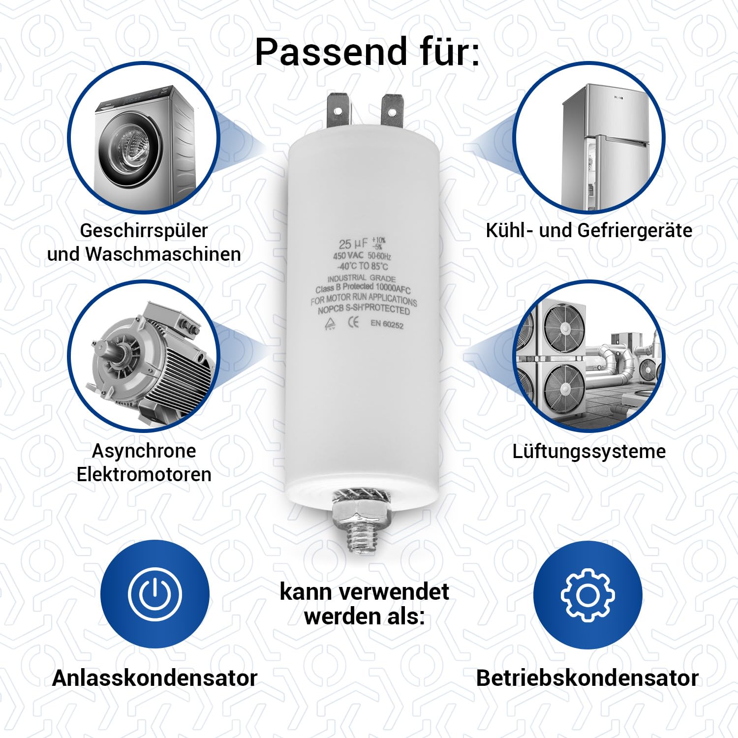 VIOKS Kondensator rozruchowy CBB60 kondensator 25µF 450 V – kondensator silnikowy LED, uniwersalny z flagami wtykowymi AMP 6,3 mm i śrubą mocującą M8 do elektrycznych urządzeń domowych