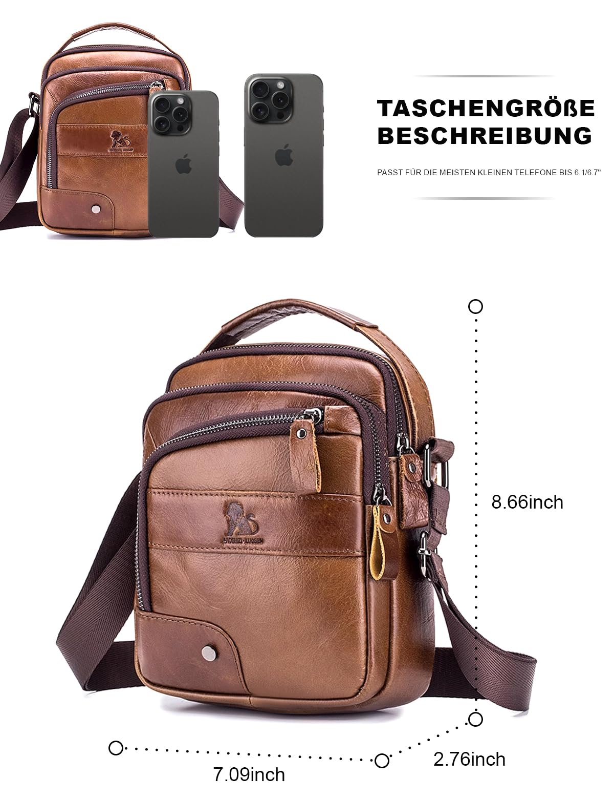 Echtes Leder Umhängetasche,Lässige Mode Crossbody Tasche,Wasserdicht Verschleißfest Multifunktionale Outdoor-Rucksack,Geeignet für Männer und Frauen Vintage Business Travel,Kleine Schulranzen,Braun