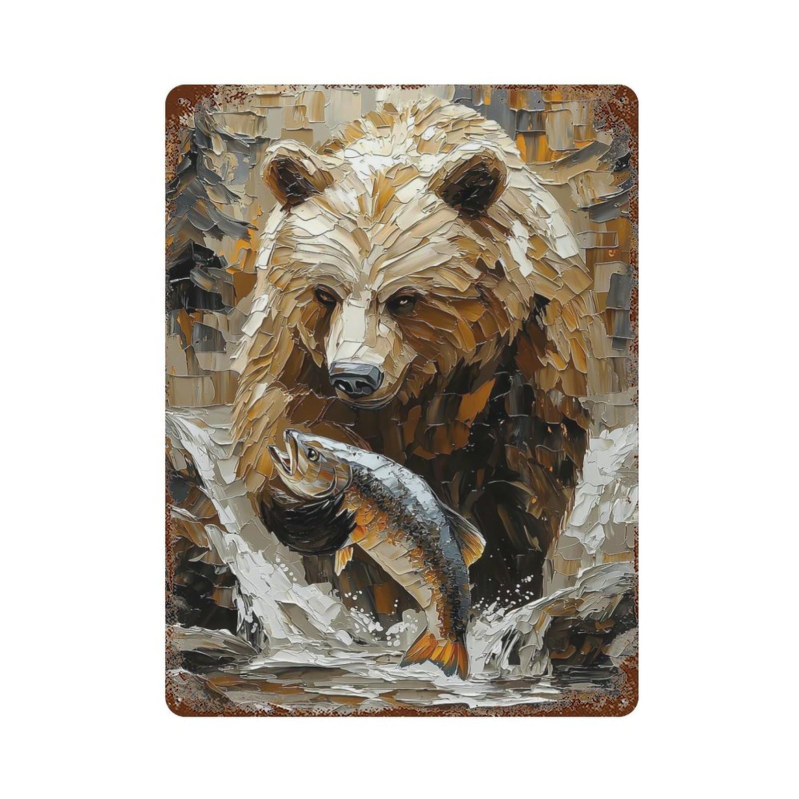 Grizzly Bear Fishing in Dynamic Impasto Style Vintage Metal Tin Sign 15.7"x11.8", Industrial Home Decor for Garage, Pub Or Kitchen