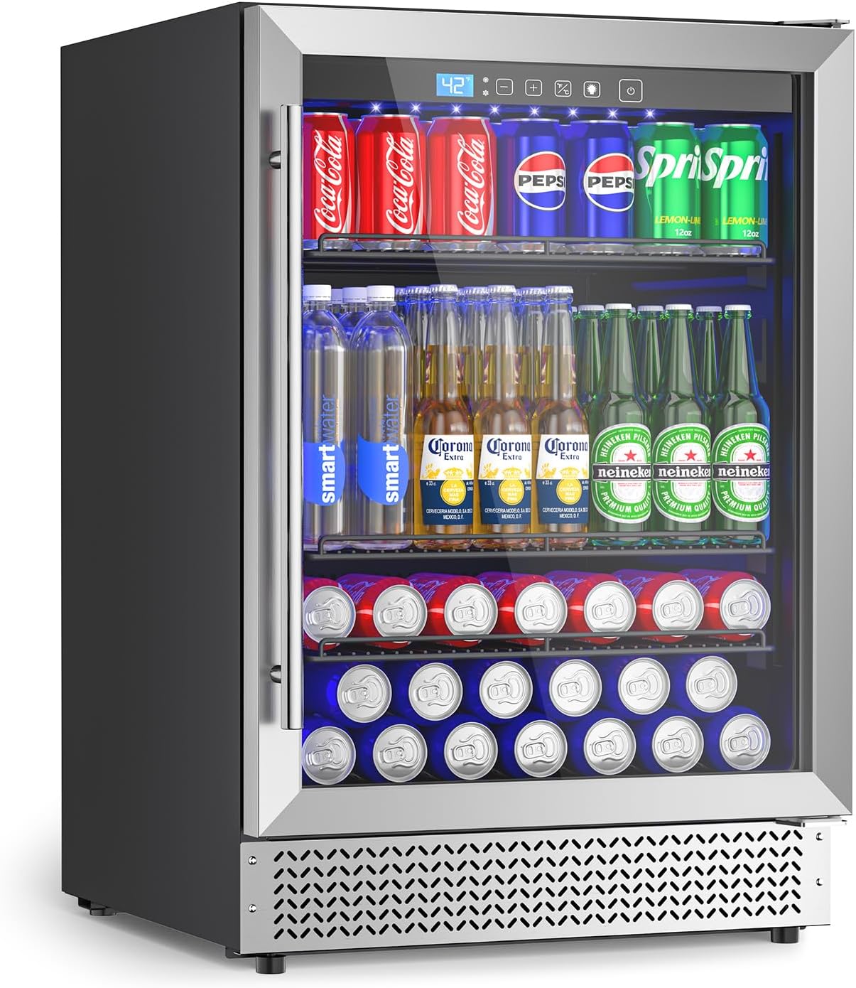 24’’ Beverage Refrigerator, 180 Cans Under Counter Refrigerator with Reversible Door, Built-in or Freestanding Drink Fridge with Glass Door & LED Light for Soda, Beer or Wine – Kitchen, Bar, Office