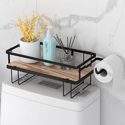 Lorbro Almacenamiento sobre el inodoro, organizador de estante sobre el inodoro con placa inferior de madera y base adhesiva, organizador de baño de