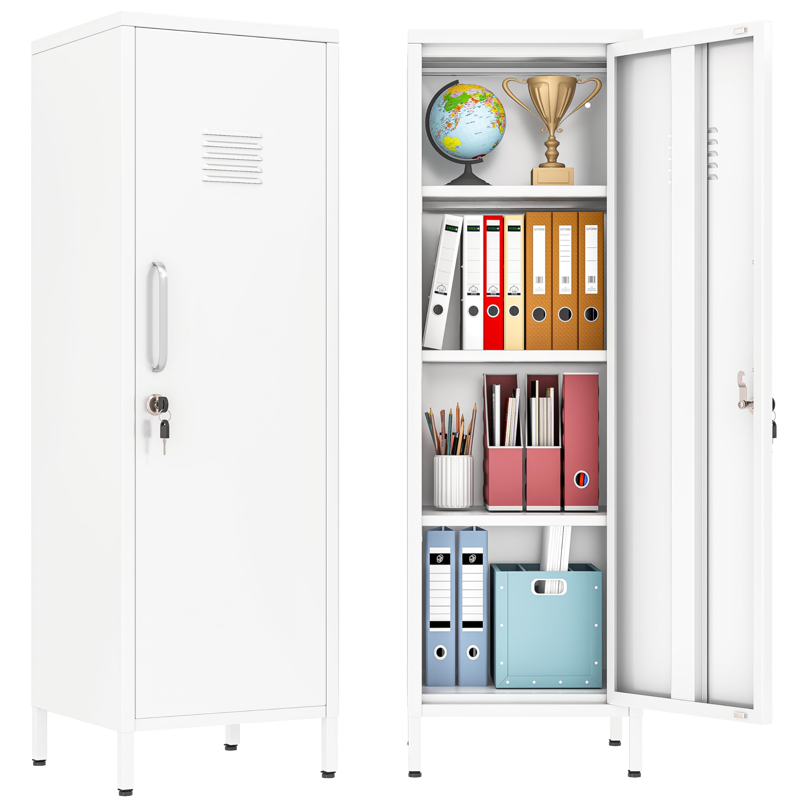 PAOFIN 47" Metal Storage Locker, Lockable Employees Metal Locker with Door and Adjustable Shelves, Steel Locker for Home, School, Office, Gym (White)