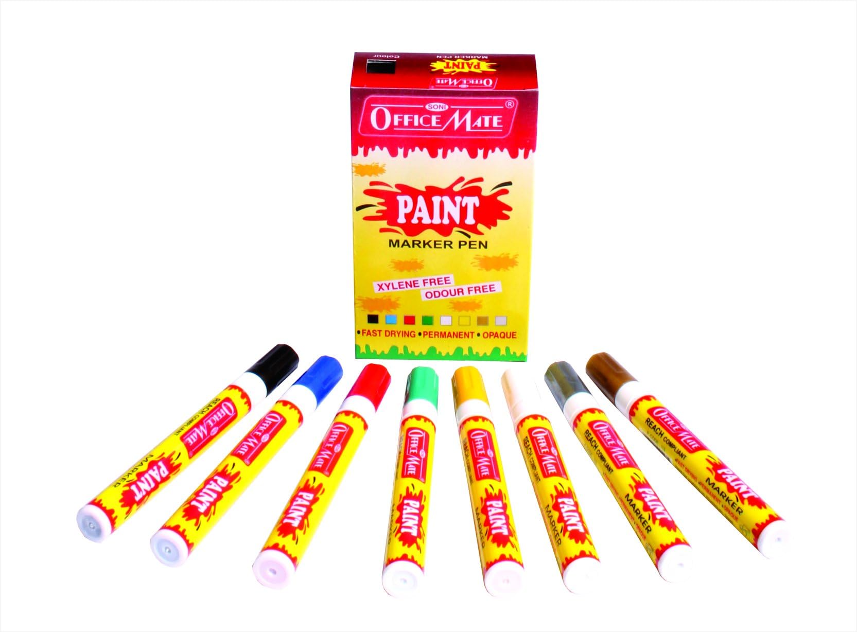 Soni Officemate Regular Paint Marker | Multi-Surface | Non-Toxic, Oil-Based | 4.5 mm Tip | For Hobbyists, Artists, Students | Pack of 10 (Multicolour)