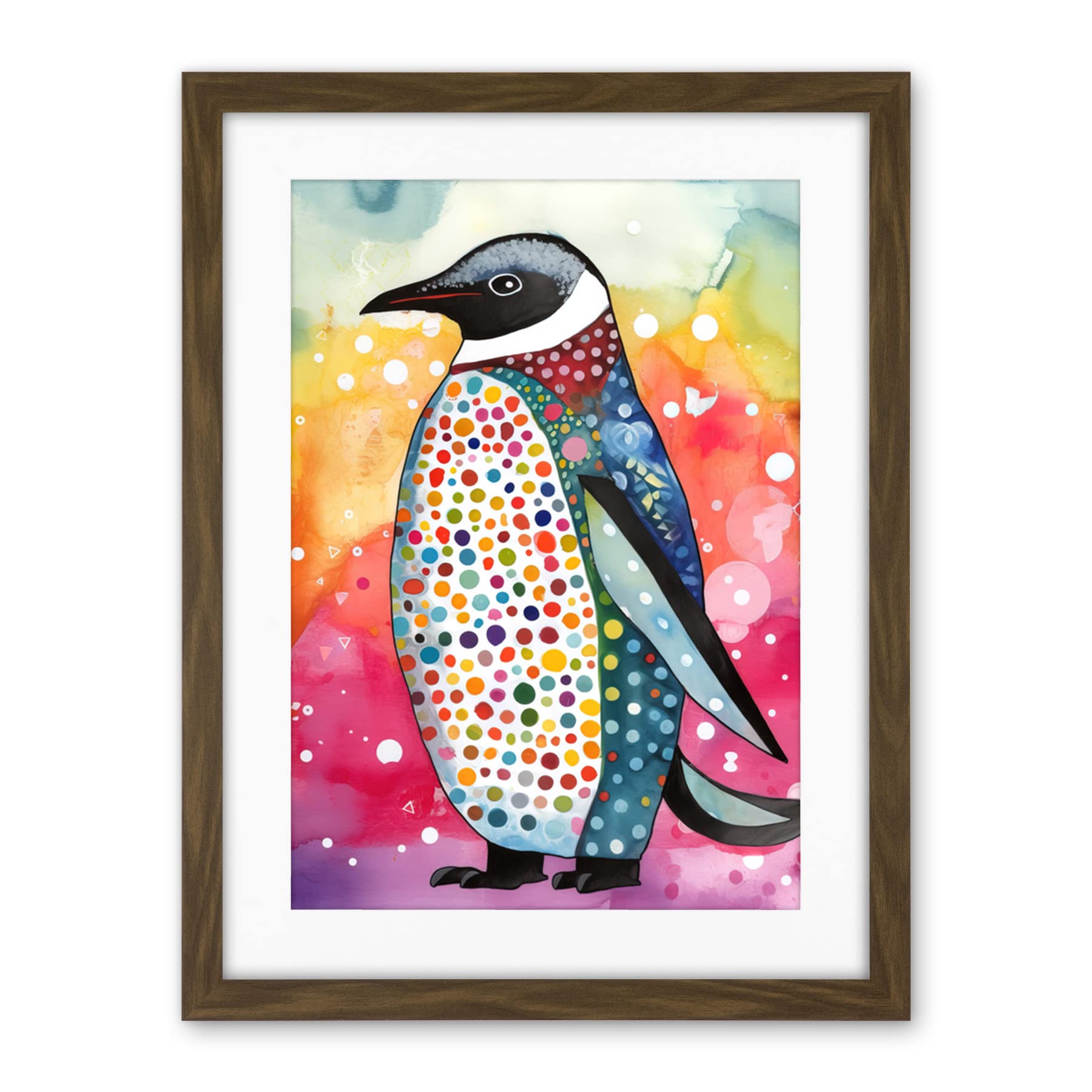 Artery8 Cute Multicoloured Spot Penguin Folk Art Artwork Framed Wall Art Print 18X24 Inch