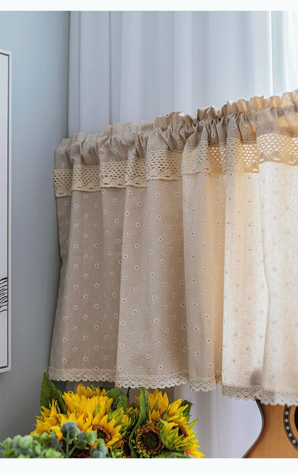 Petit rideau de fenêtre - Coton et lin - Cantonnière en dentelle florale - Style campagnard - Opaque - Pour cuisine, bistrot, café, magasin - Motif margherita