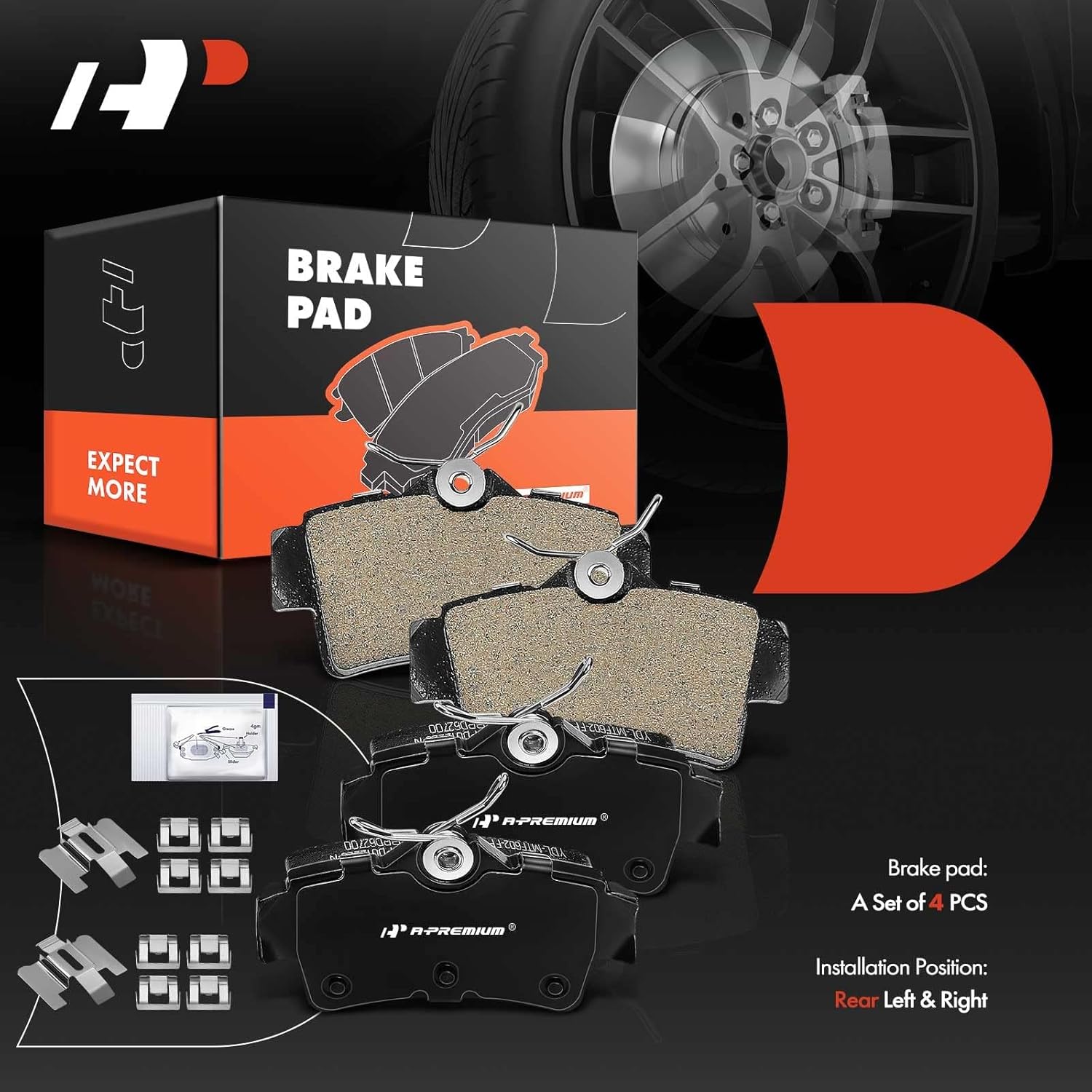 A-Premium Rear Ceramic Brake Pads Set Compatible with Ford Models - for Mustang 1994 1995 1996 1997 1998 1999 2000 2001 2002 2003 2004, with Hardware, 4-Pack