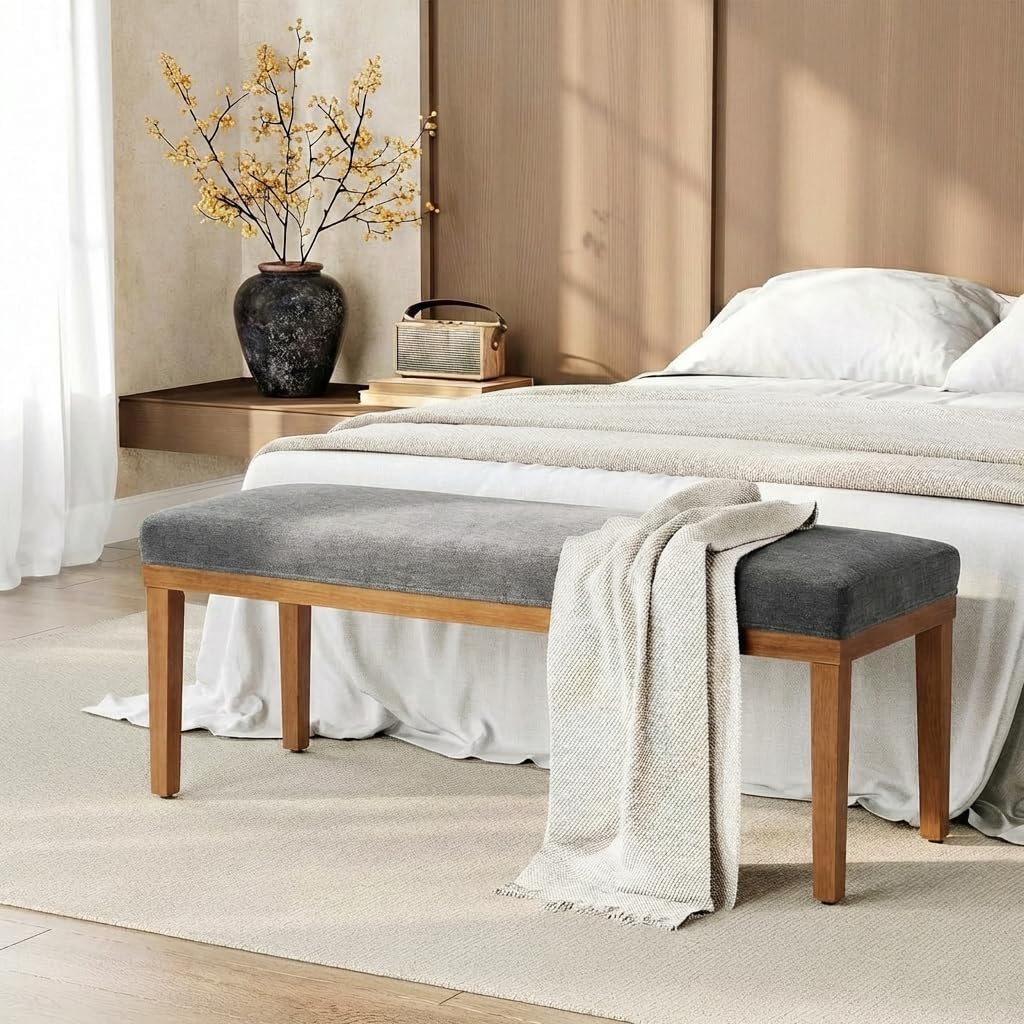 YOUNIKE 52.7" Upholstered Fabric Bench Thick Modern Table Benches with Solid Wood Legs Farmhouse Kitchen Dining Bench with Comfy 4.72" Cushion for Entryway Hallway Bedroom End of Bed Living Room Grey