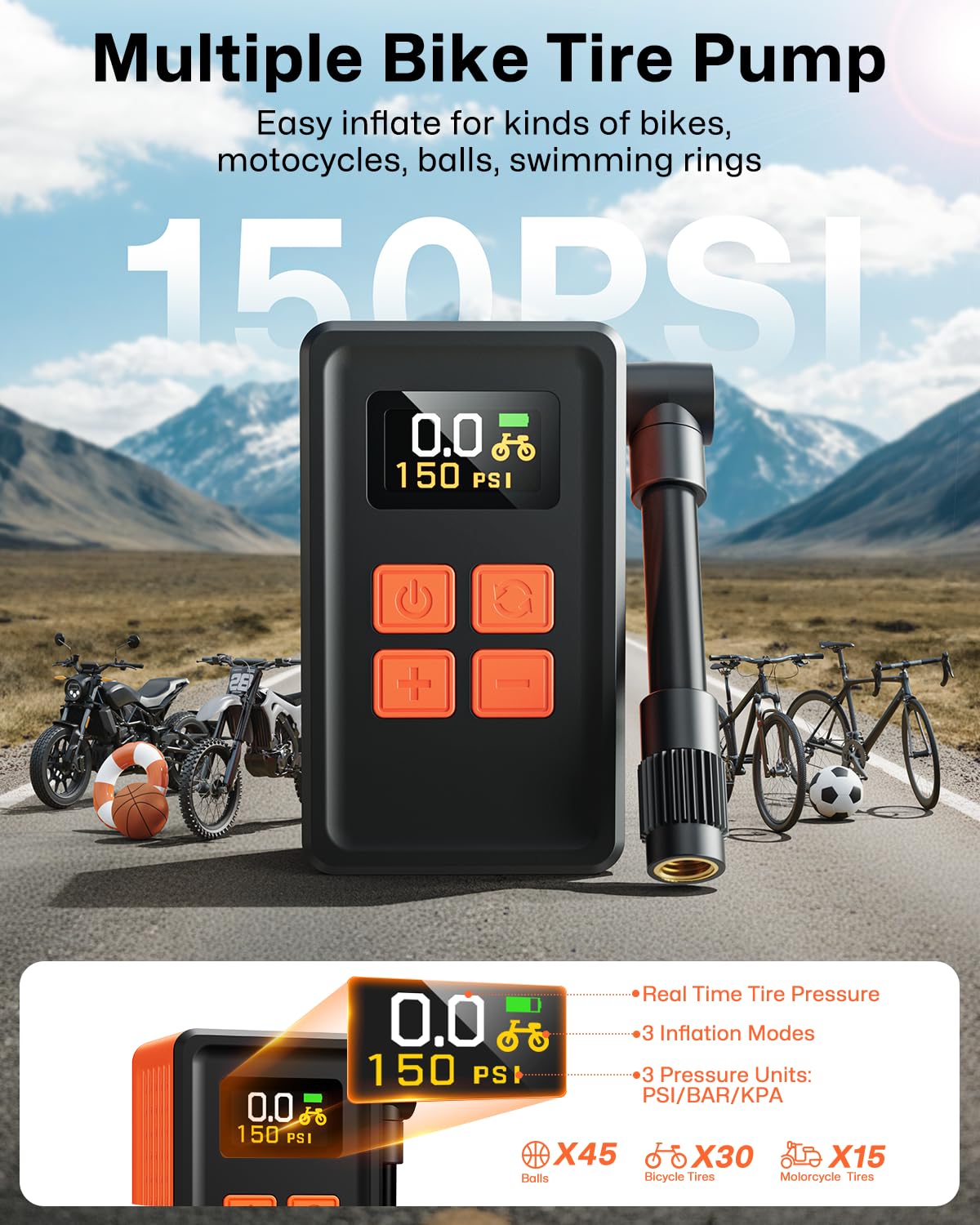 MCY Portable and Mini Bike Pump with Guage,20s Fast Inflate Electric Bike Tire Pump with 150PSI,Bicycle Pump with Presta,Schrader Valve,Auto Stop,Clear Pressure Display,Motorcycle,Ball,Swimming Ring