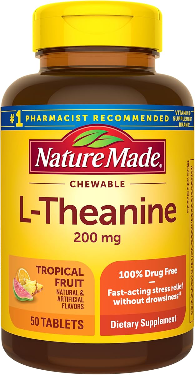 Nature Made Chewable L Theanine 200mg, 50 Chewable Tablets | L-Theanine Supplement for Stress Relief, 100% Drug Free, Suitable for Vegetarians, Tropical Fruit Flavor, 50 Day Supply