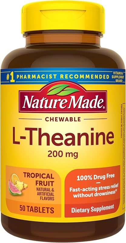 Nature Made Chewable L Theanine 200mg, 50 Chewable Tablets | L-Theanine Supplement for Stress Relief, 100% Drug Free, Suitable for Vegetarians, Tropical Fruit Flavor, 50 Day Supply