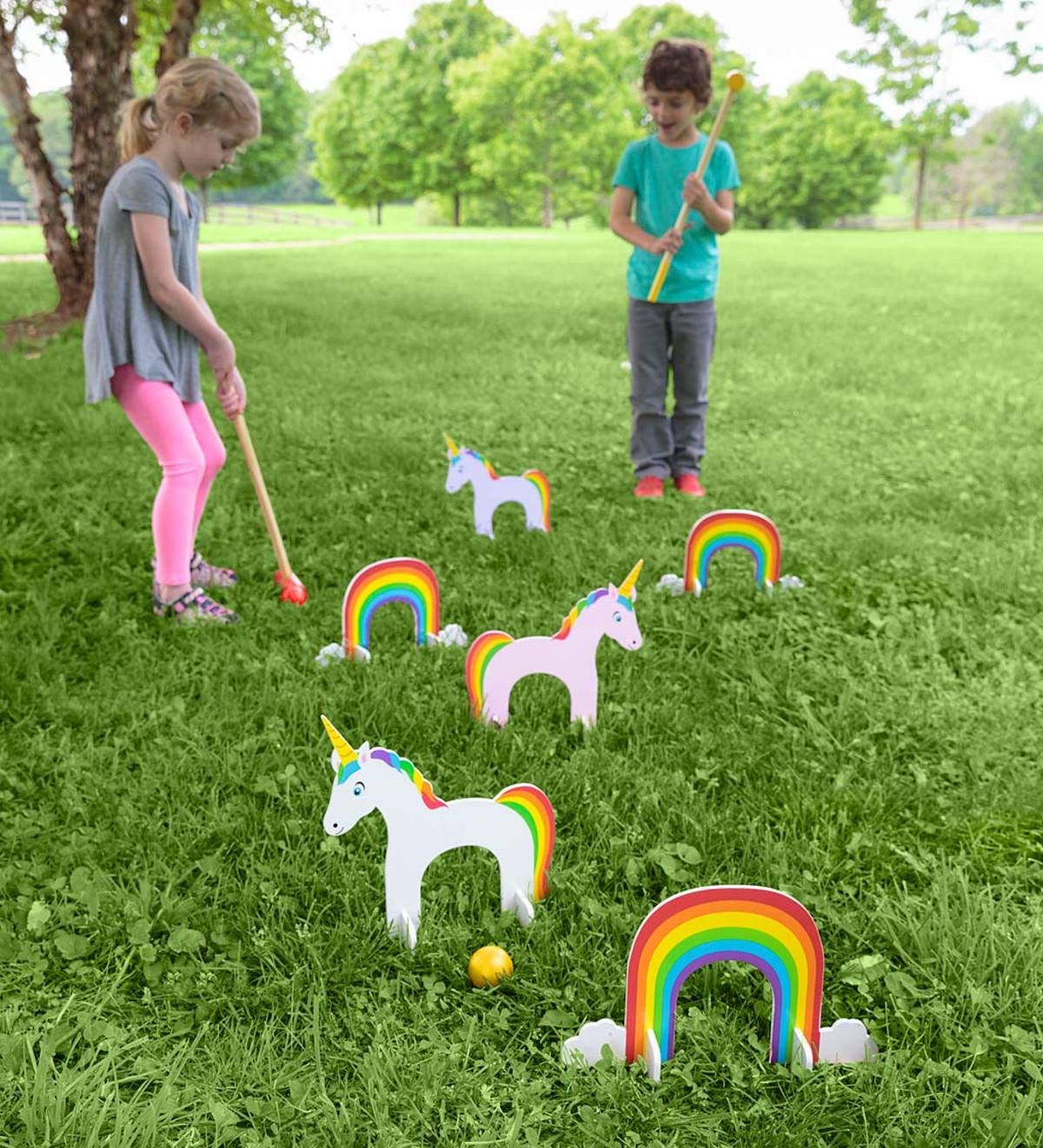 HearthSongWooden Unicorn and Rainbow Croquet Set with Six Wickets, Two Mallets, and Two Balls, for Ages 3 and Up