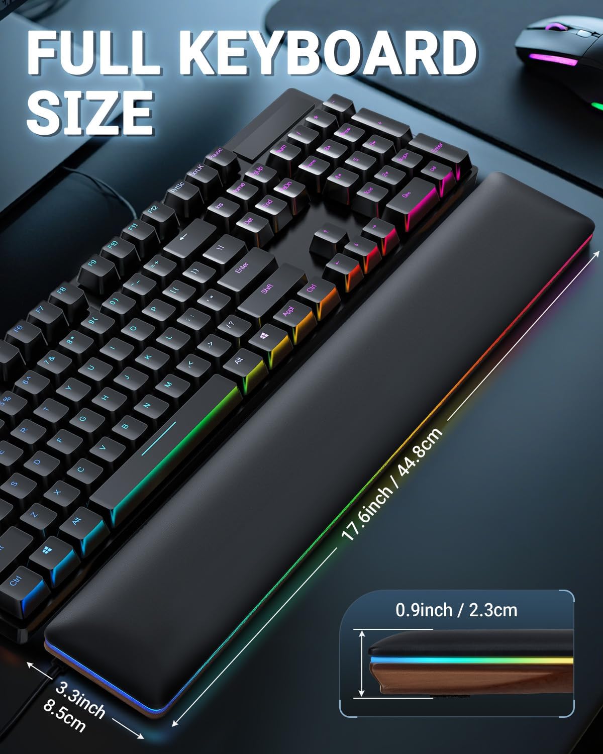 ASFSKY RGB Keyboard Wrist Rest, Ergonomic Wooden Wrist Support with PU Leather & Memory Foam, Non-Slip and Easy-to-Clean Design, Wrist Pad for Mechanical Keyboard, Gaming & Office Use