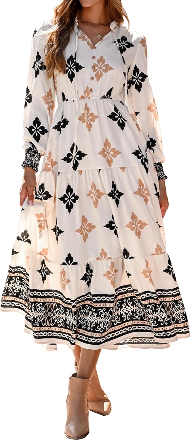 BTFBM Women's Fall Wedding Guest Dresses 2025 Casual Floral Long Sleeve V Neck Front Tie Flowy Boho Maxi Dress Pockets