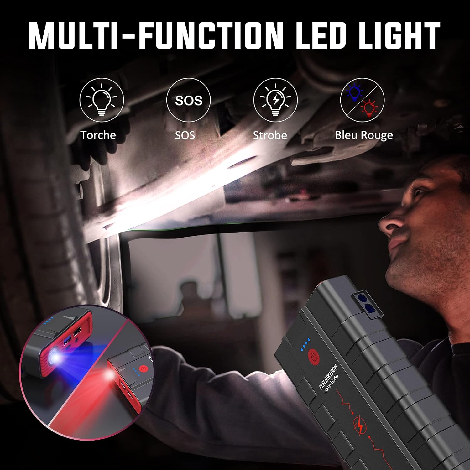 A person using the multi-function LED light of the FLYLINKTECH CF800 jump starter in a dark environment, highlighting its flashlight, SOS, and strobe capabilities.