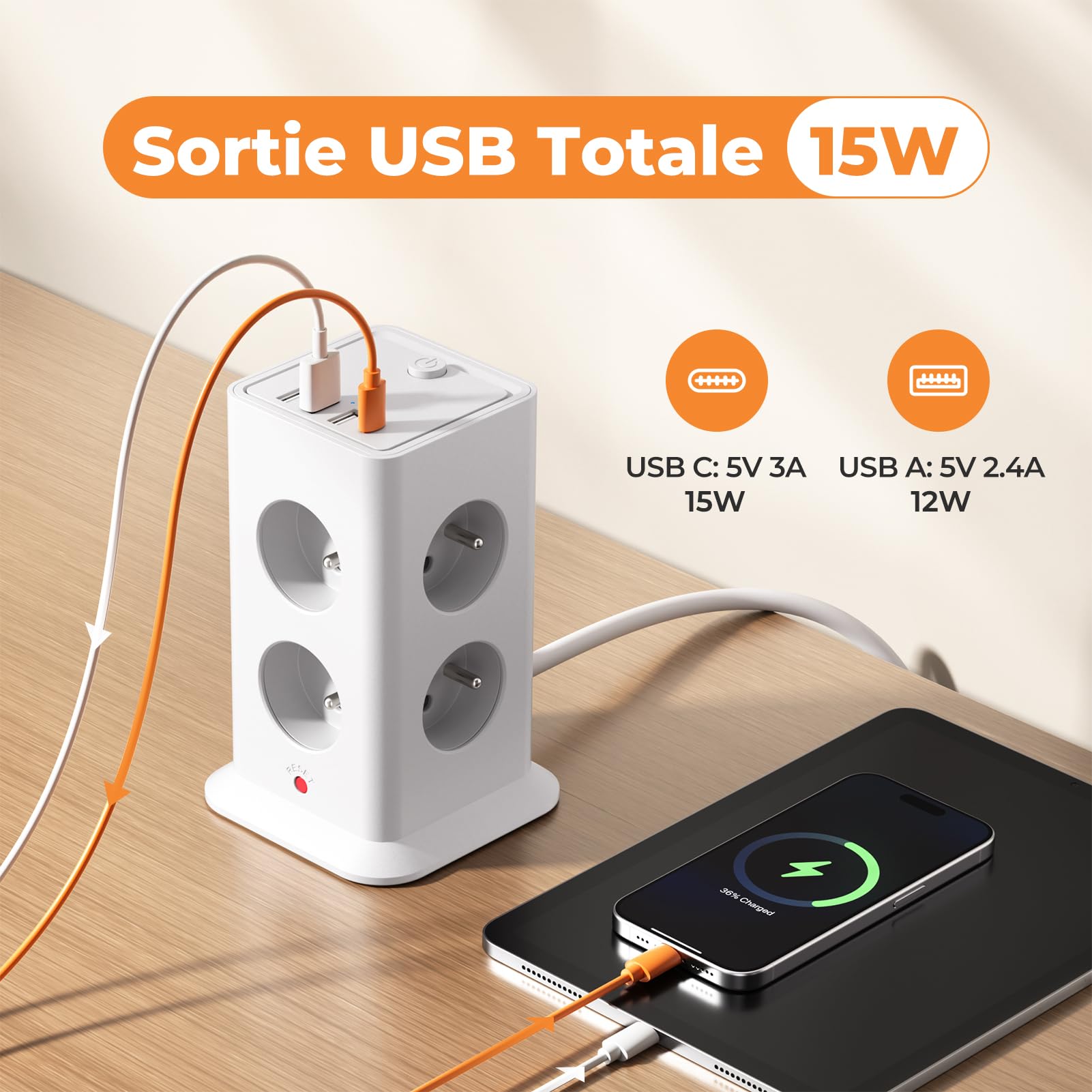 12-in-1-Mehrfachsteckdose mit Schalter, Steckdosenleiste mit 8 AC-Steckdosen mit 4 USB-Anschlüssen, Steckdosenleiste Überspannungsschutz und Überspannung mit Schalter, 3680 W, Kabel 3 m, für Haus