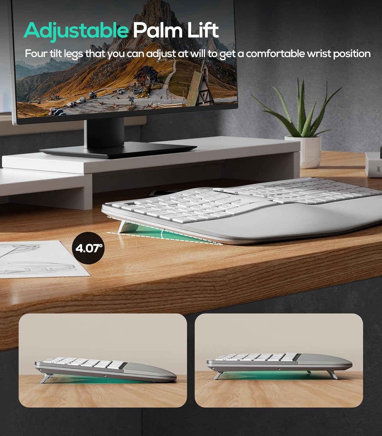 Nulea RT07B Wireless Ergonomic Keyboard - Split Keyboard, Wrist Rest, Natural Typing, Bluetooth and USB Connectivity, USB-C Rechargeable,Compatible with Windows Mac (Silver White)