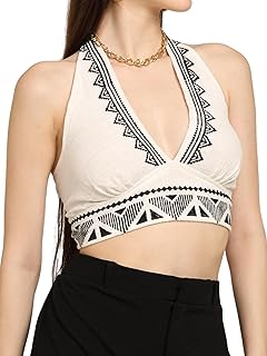 KE KANHA EXPORTS Halter Neck Tops for Women Stylish|Boho Border Print Premium Soft Cotton Crop Top|Sleeveless Western Top ...