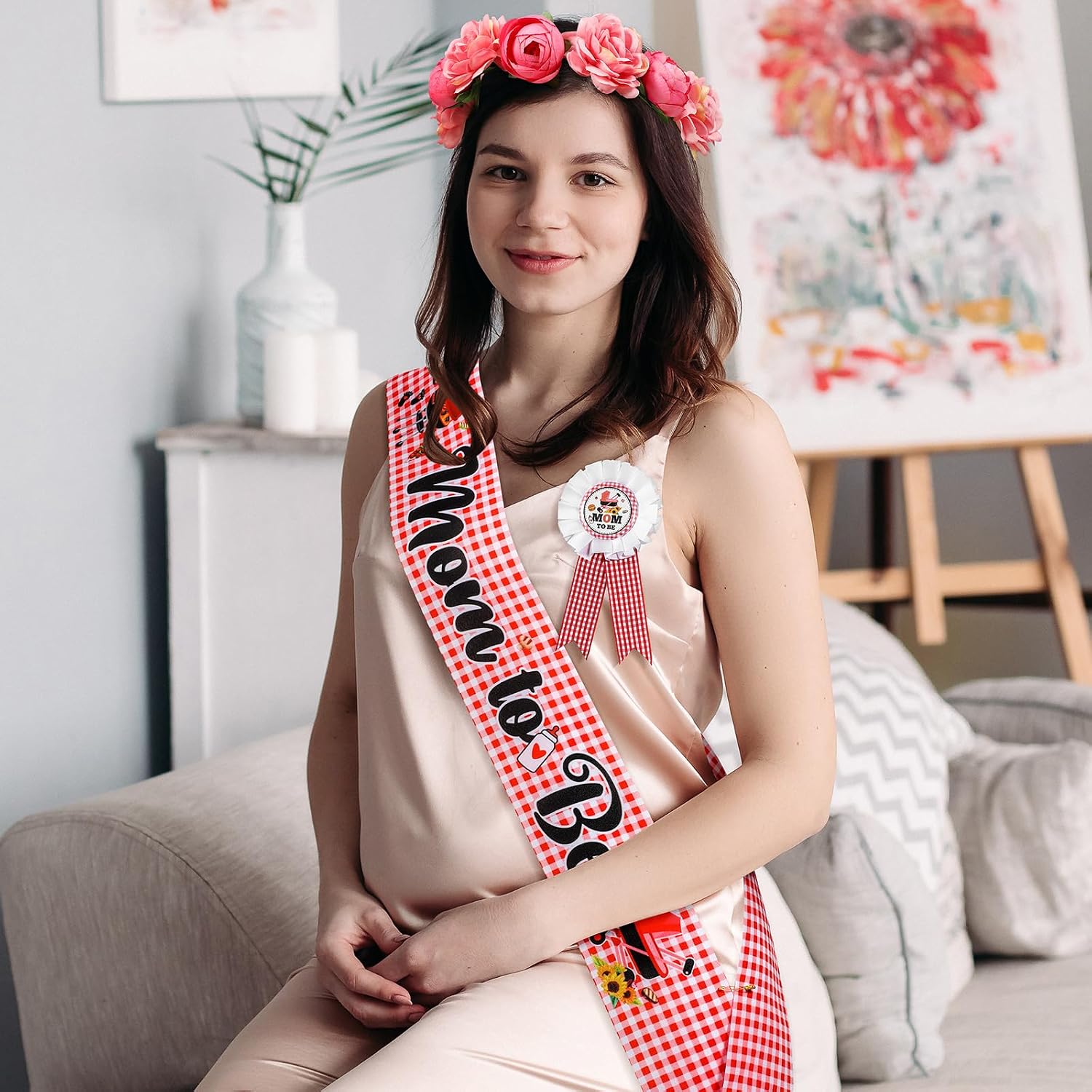 Moucuny BBQ Baby Shower Decorations Mom to Be Sash, Dad to Be Pin, Flower Crown | BBQ Theme Party Favors, Mommy to Be Sash, Grill Master Pin, Floral Crown, Baby Shower Decorations Set