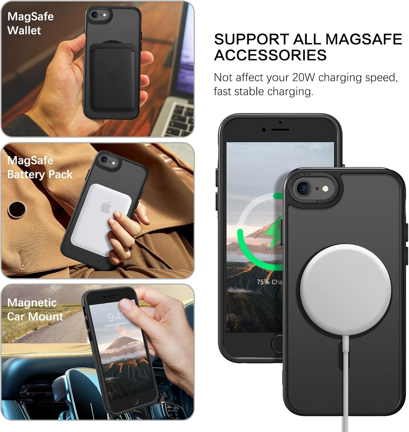 GUAGUA Magnetic Case for iPhone 7 & iPhone 8 & iPhone SE 2022/2020 [Compatible with Magsafe] Translucent Matte Back Slim Thin Anti- Scratch Shockproof Protective Phone Cases for iPhone 8/7/SE-Black - Image 4