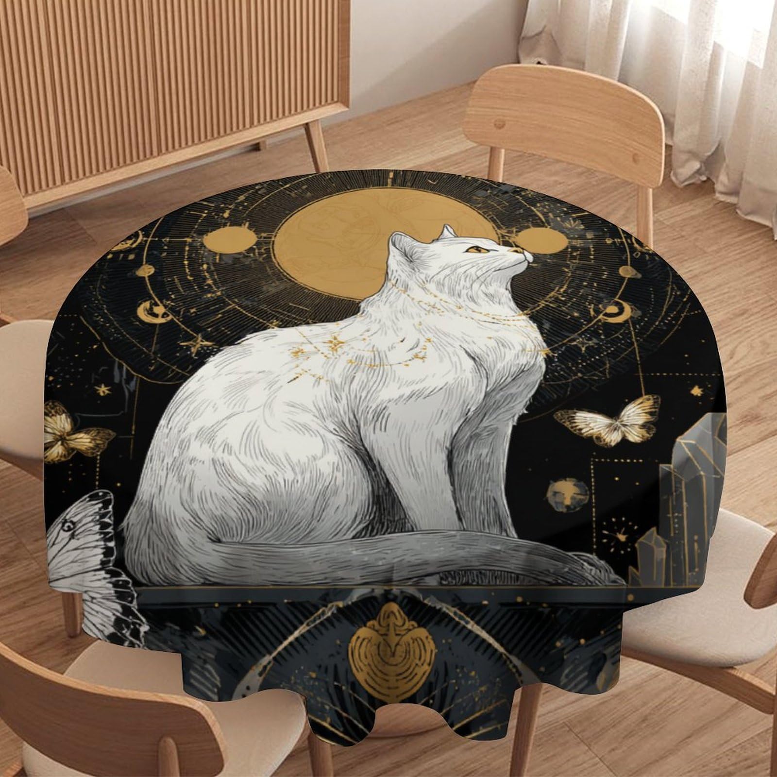 LUYYSKY Cute Abstract Black Cat Waterproof Round Tablecloth Vintage Watercolor Animal Kitten Butterfly Constellation Moon Pattern Washable Table Cover for Kitchen-177.8" Wx177.8 L cm