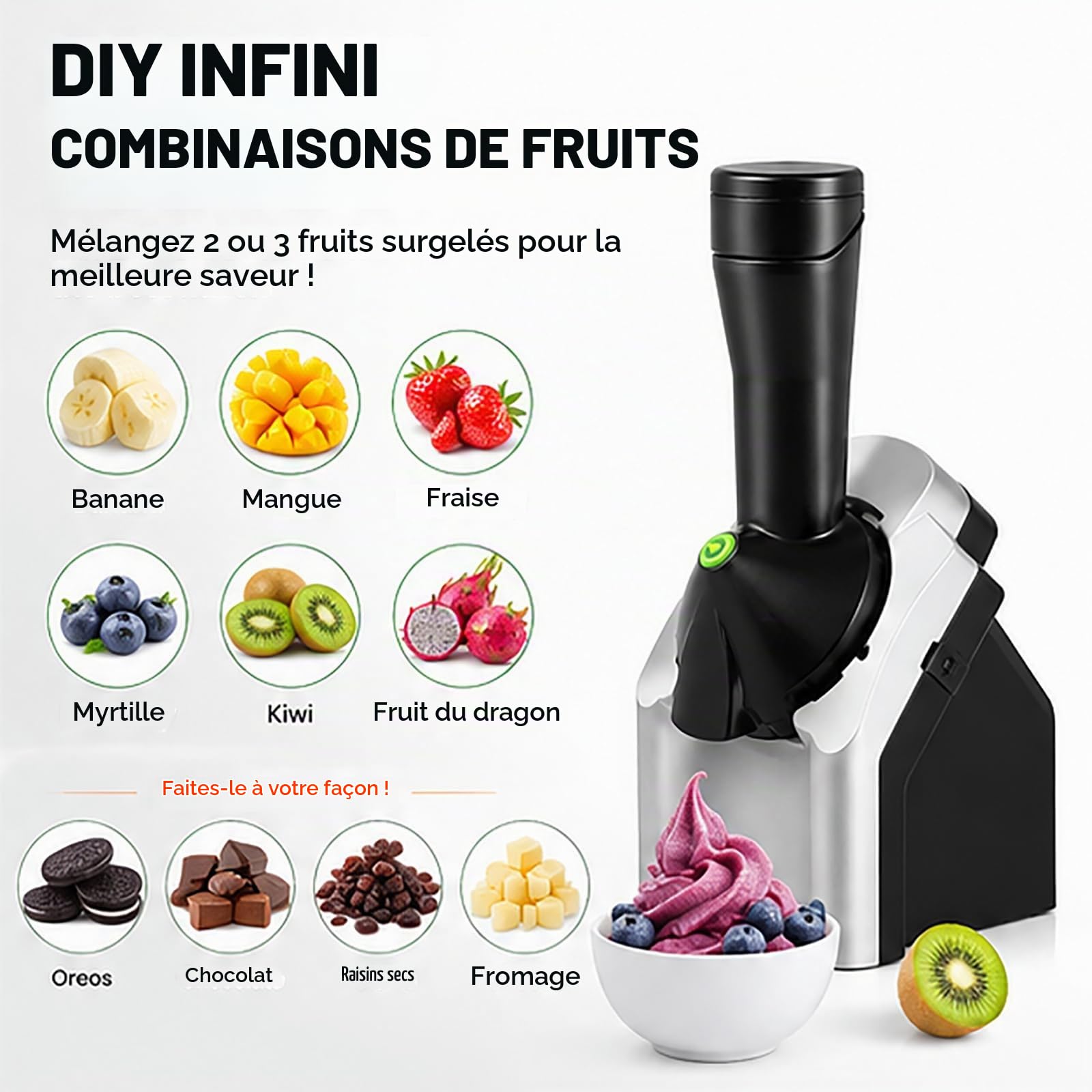 Machine automatique à desserts glacés, machine à crème glacée molle pour enfants et fitness, mélangeur de sorbet aux fruits végétaliens sains, outils rapides pour smoothie au yaourt et au dessert