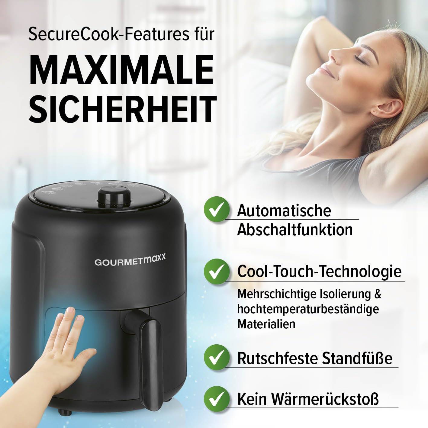 GOURMETmaxx Heißluftfritteuse 2,3L | Airfryer mit 60 Minuten Timer und 9 Funktionen inkl. Vorheizen & Warmhalten | energiesparend & geruchsarm frittieren – nahezu ohne Öl | 1000 W