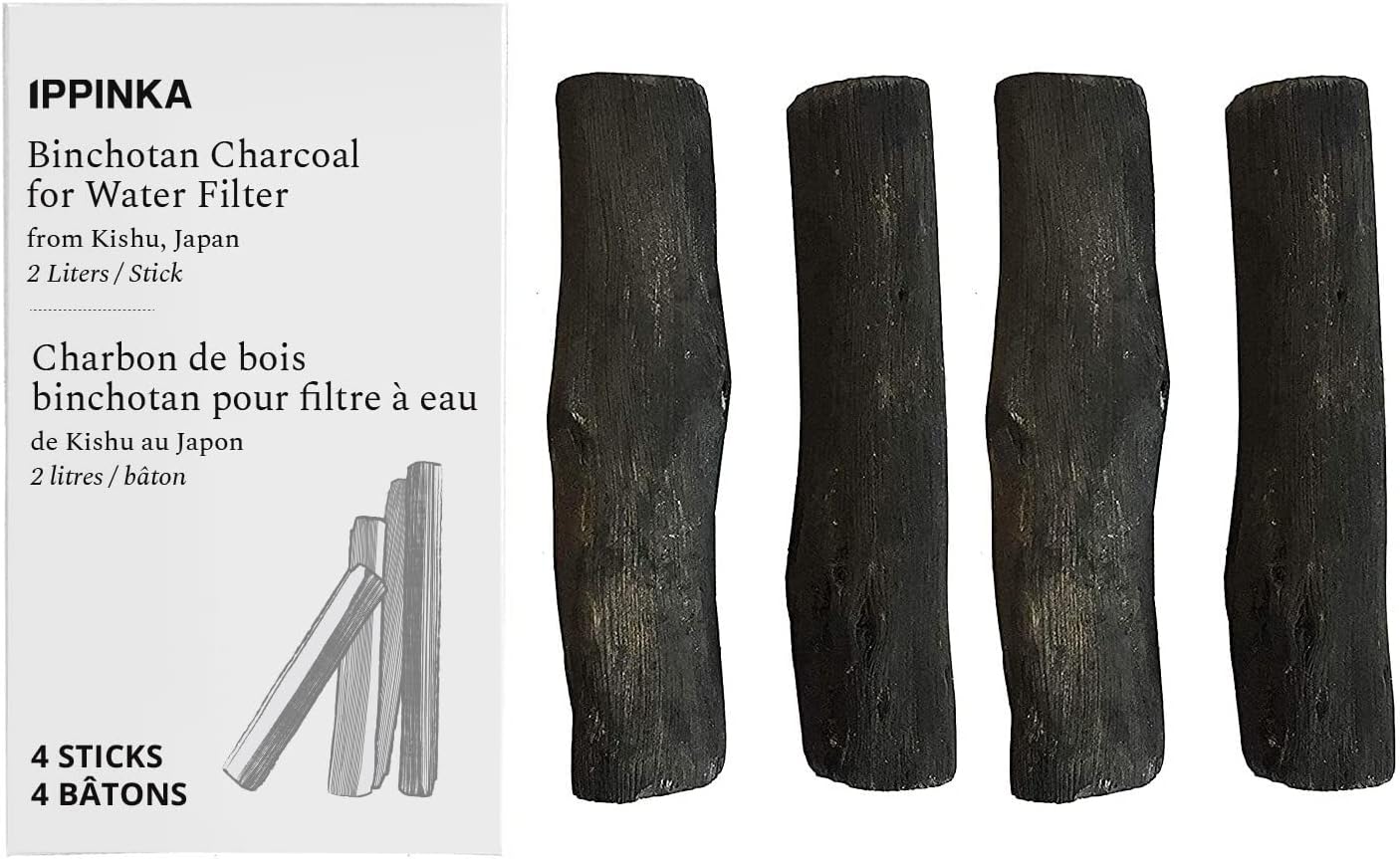 IPPINKA Kishu Binchotan Charcoal Water Filter, 4 Sticks, Reduces Impurities, Absorbs Odor, Improves Taste