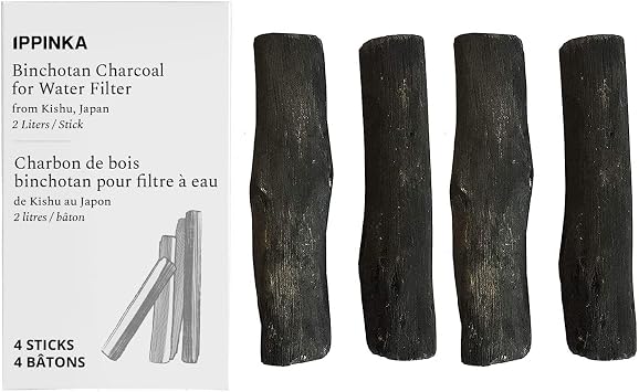 Binchotan Charcoal from Kishu, Japan - Water Purifying Sticks for Great-Tasting Water, 4 Sticks, Each Stick Filters up to 2 Liters of Water