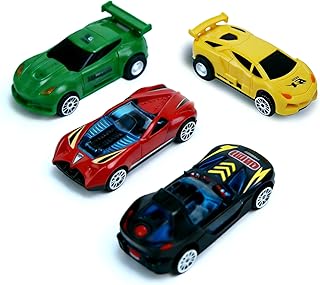 4 Pack Flexible Track Compatible Toy Cars - 2 Pull Back & 2 Push Cars with Twistable Body for Sharp Turns, Mini Race Cars, Durable Toy Vehicles for All Soft Track Racing & Stunts