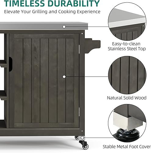 Miniatura 5 de YITAHOME Gabinete de almacenamiento XL de madera maciza para exteriores, con mesa de acero inoxidable y estante para especias, 53.74 pulgadas de