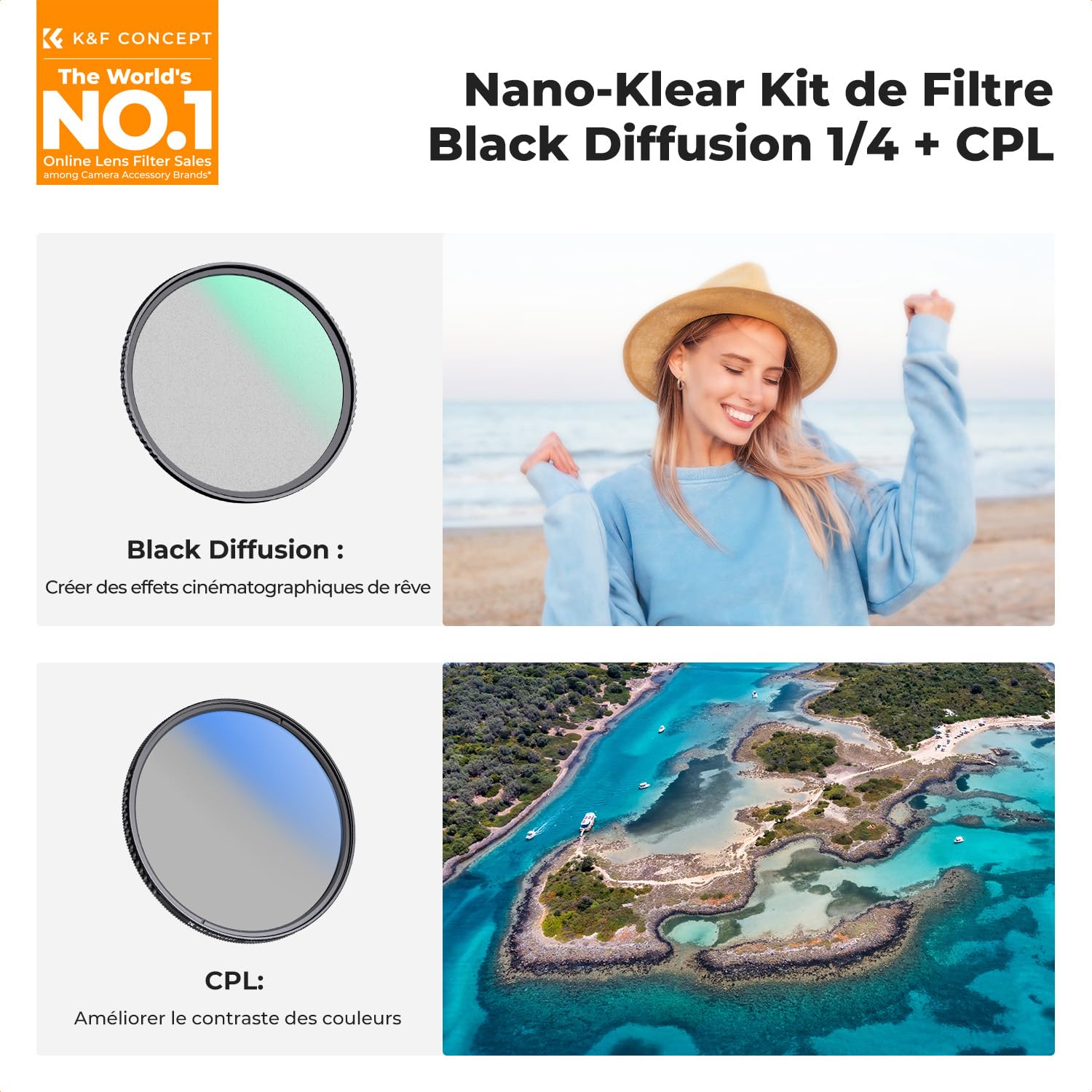 K&F CONCEPT 67mm Filtre Black-Mist et Polarisant et 3 Chiffons
