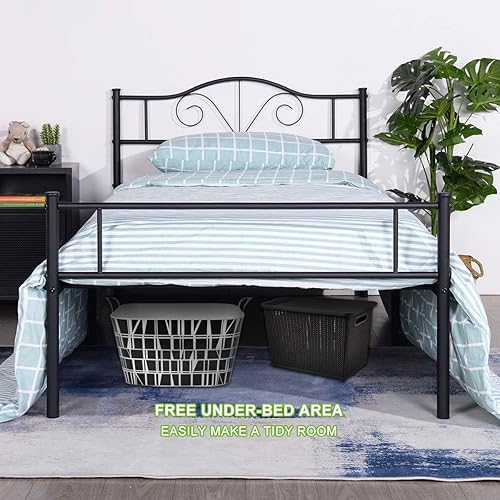 Miniatura 6 de Base de cama de metal resistente tamaño individual, base de colchón de acero, con revestimiento negro, cabecero retro para cama individual, no Negro