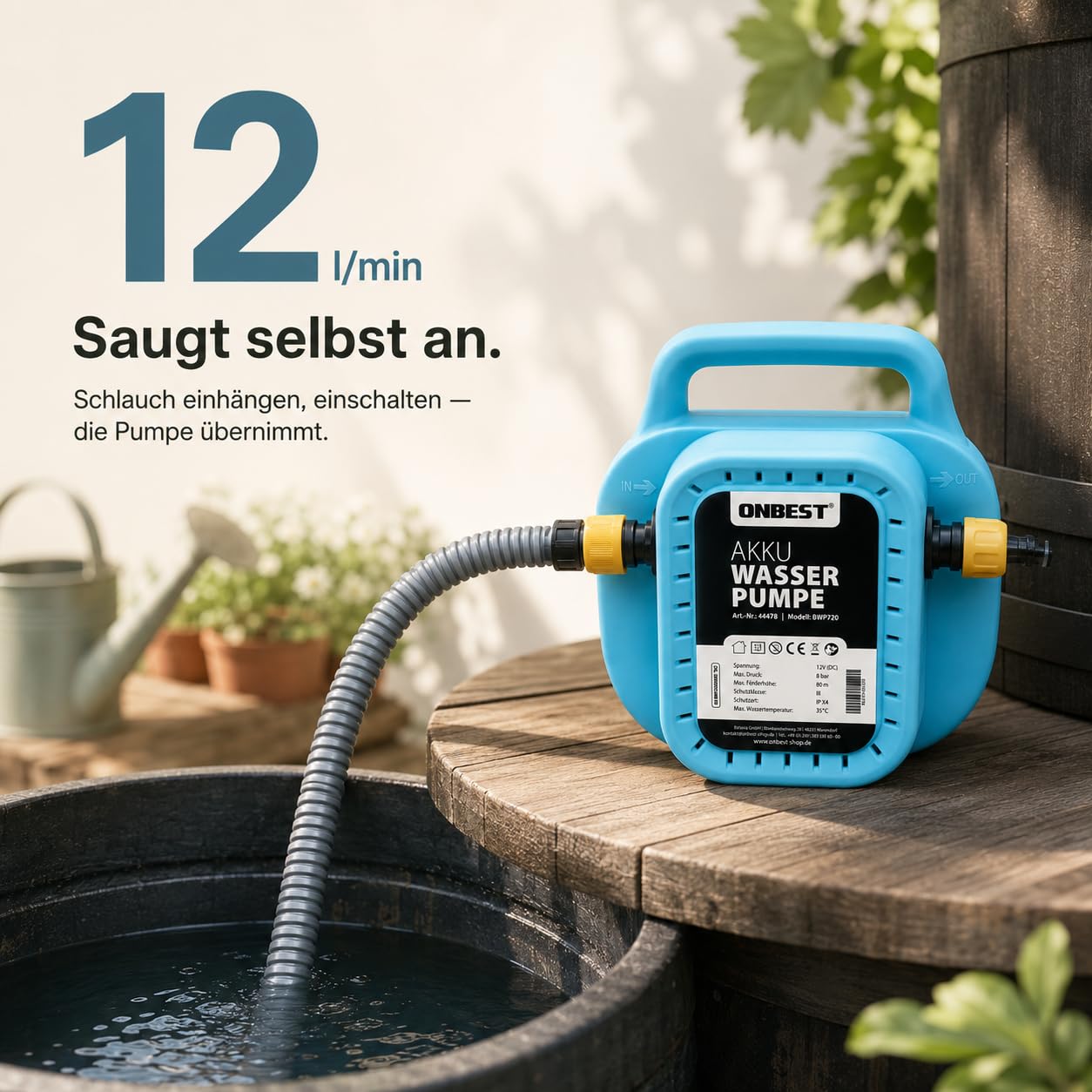 ONBEST Akku Wasserpumpe Komplettset: Schlauch, Brause, Filter & Ladegerät | 10 m Schlauch, 8000 mAh Akku, selbstansaugend, 8 bar – Regentonne