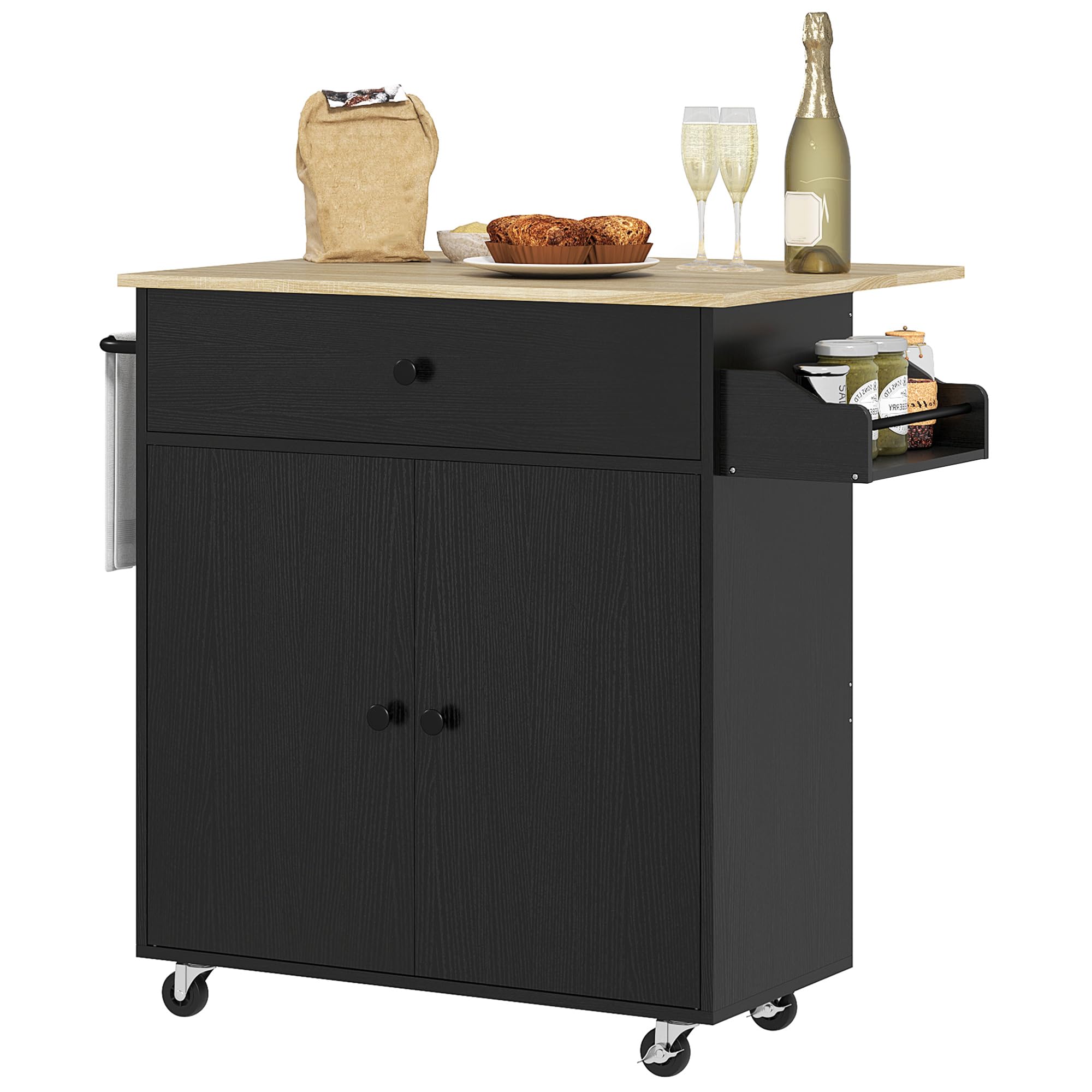 HOMCOM Îlot de cuisine avec aile rabattable, meuble d'appoint sur roulettes, 2 portes, tiroir, porte-serviettes et étagère ajustable, 106 x 42 x 87 cm, noir et chêne