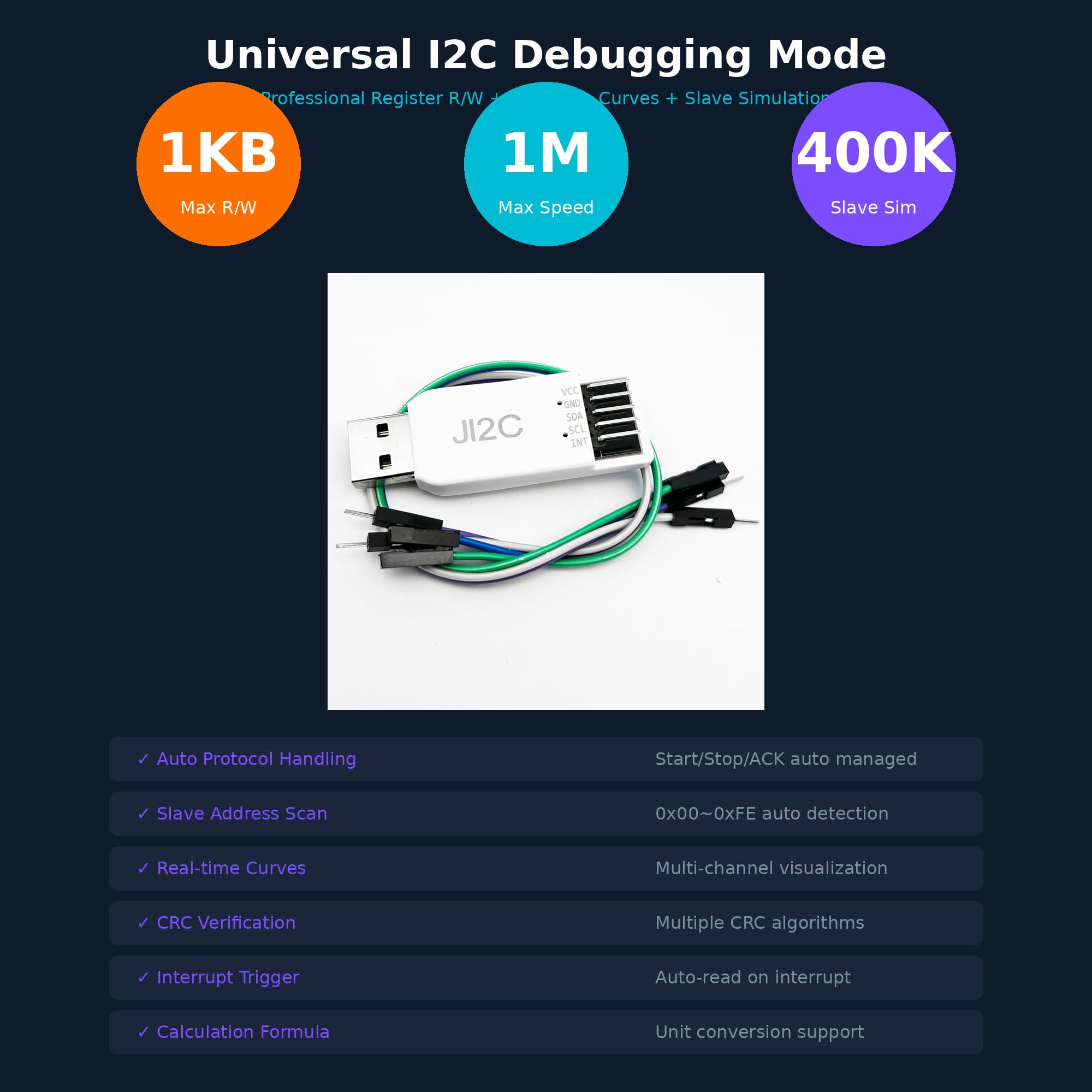 Adattatore JI2C da USB a I2C e debugger EEPROM | Supporto multi-dispositivo, tracciatura curva in tempo reale, lettura/scrittura veloce per registri I2C - Compatibile con Windows