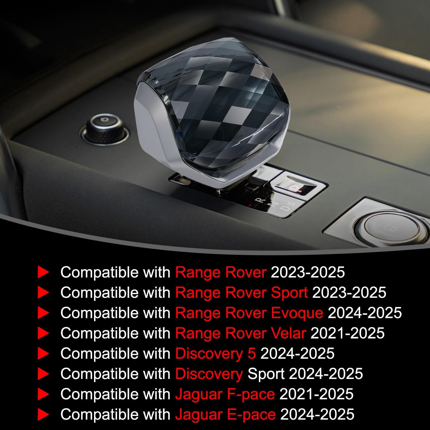 Crystal Gear Shift Knob Trim Cover Fit for Land Rover Range Rover Sport Evoque Velar Discovery 5 Jaguar F-Pace E-Pace Accessories 2023 2024 2025 (Black)