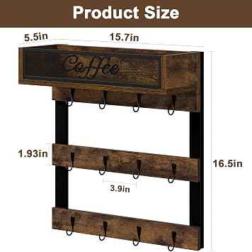 YINMIT Coffee Cup Holder Wall Mounted, 12-Hook Mug and Shelf for Coffee Bar | Rustic Coffee Mug Holder with Plus a Top Shelf for Coffee Pods Beans, Coffee Cup Holder for Coffee Station and Kitchen