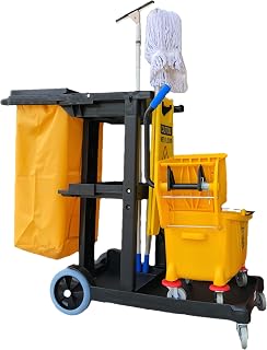 Simpli-Magic 330 lbs Janitorial Cart: 3-Shelf Commercial Housekeeping Cleaning Cart with 25 Gal Bag, Lid & Wheels for Smooth Mobility