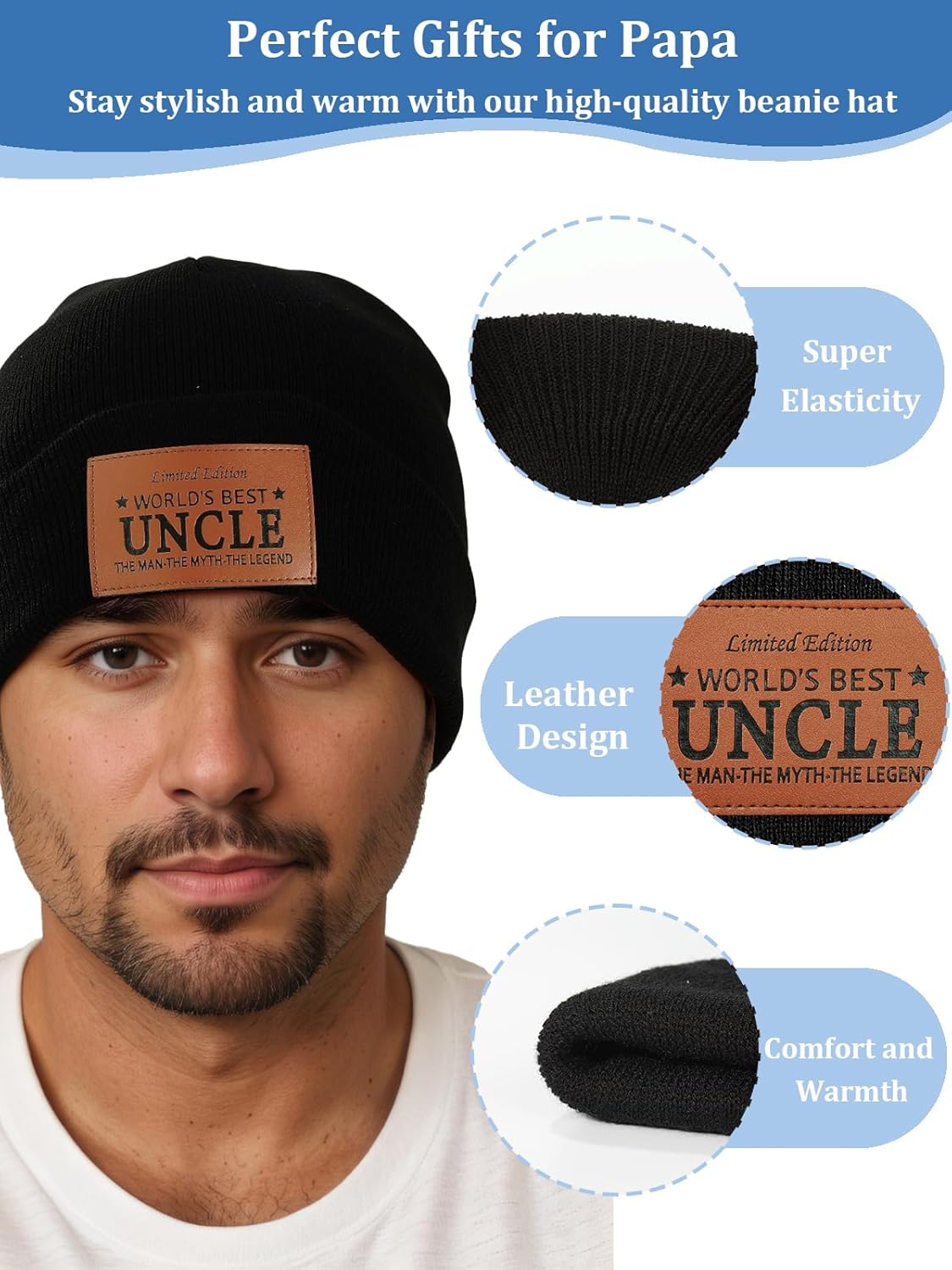 Men Gifts Worlds Best Dad Uncle Husband Leather Beanie Hat from Daughter Niece Christmas Stocking Stuffers Birthday Gifts - Image 4