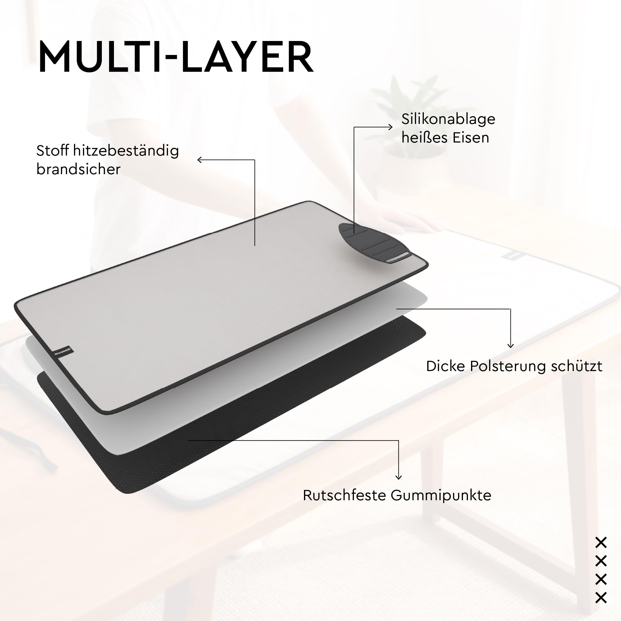 Encasa XO Große Bügelmatte (120x70 cm) mit Rutschfestem Silikonbügelhalter, 3mm Polsterung. Tragbare, Hitzebeständige Decke für Tisch - Grau