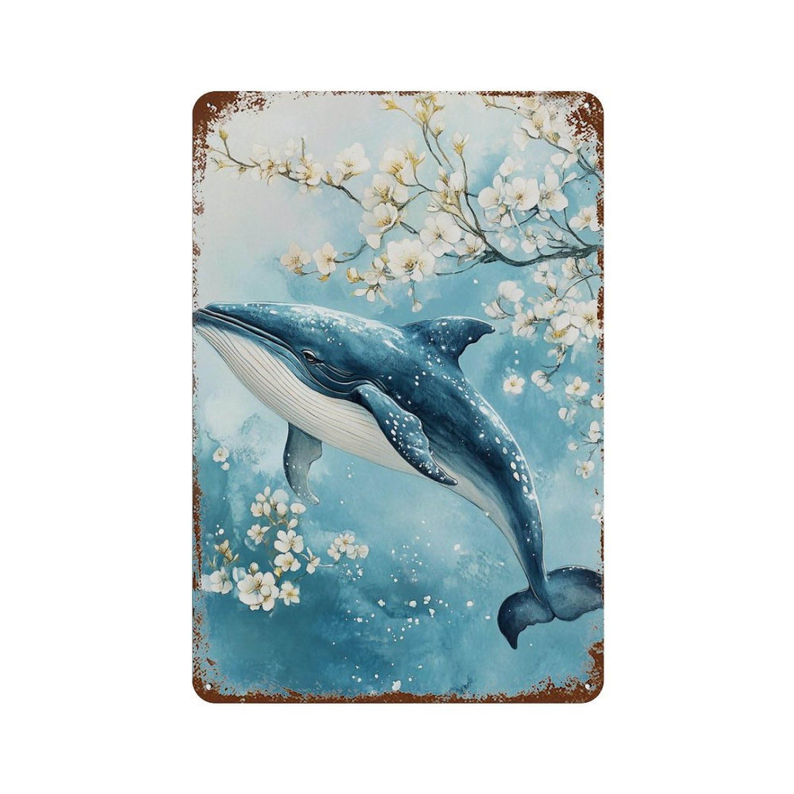Whale with Cherry Blossoms Vintage Rust Metal Sign 11.8"x7.9", Farmhouse Wall Decor for Garage, Pub Or Kitchen