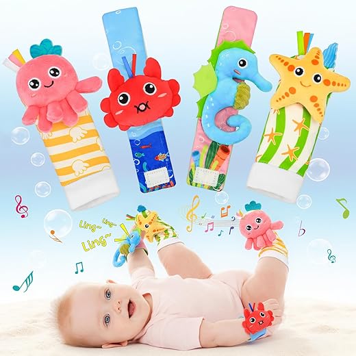 Baby Toys for 0-12 Months, Wrist Rattle Foot Finder Socks Set for Infants Sensory Toys, Baby Essentials Soft Plush Rattles Newborn for Boys and Girls as Shower Gifts